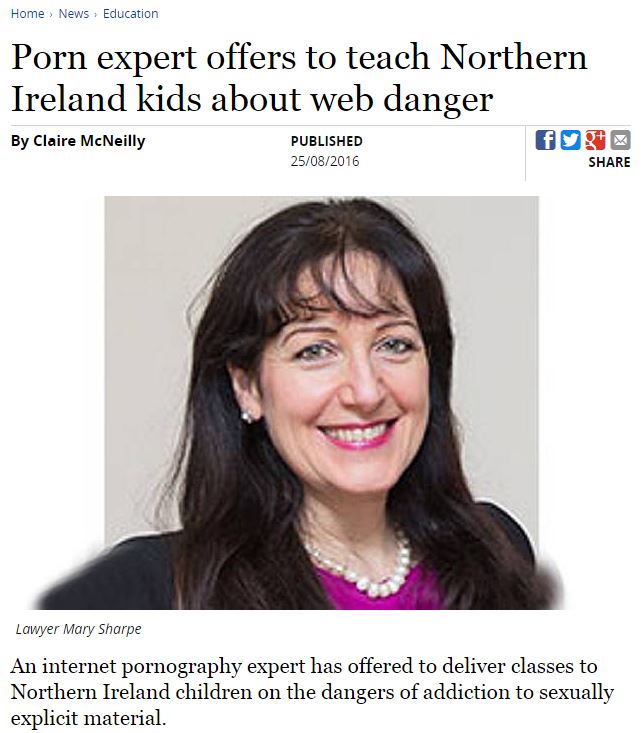 Scan of Belfast Telegraph Mary Sharpe in Education Section photo and header 25 August 2016